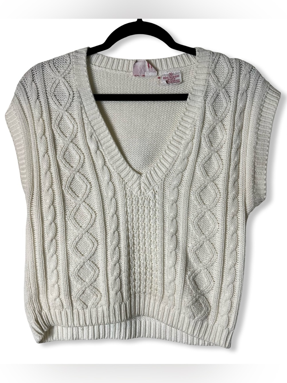 Preppy Cottagecore Vintage Eber Int. Cable Knit Tennis Sweater Vest White 80s S